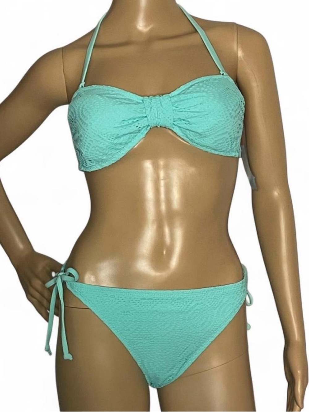 Textured Mint Bandeau Bikini Set with Removable Halter - Women Swim